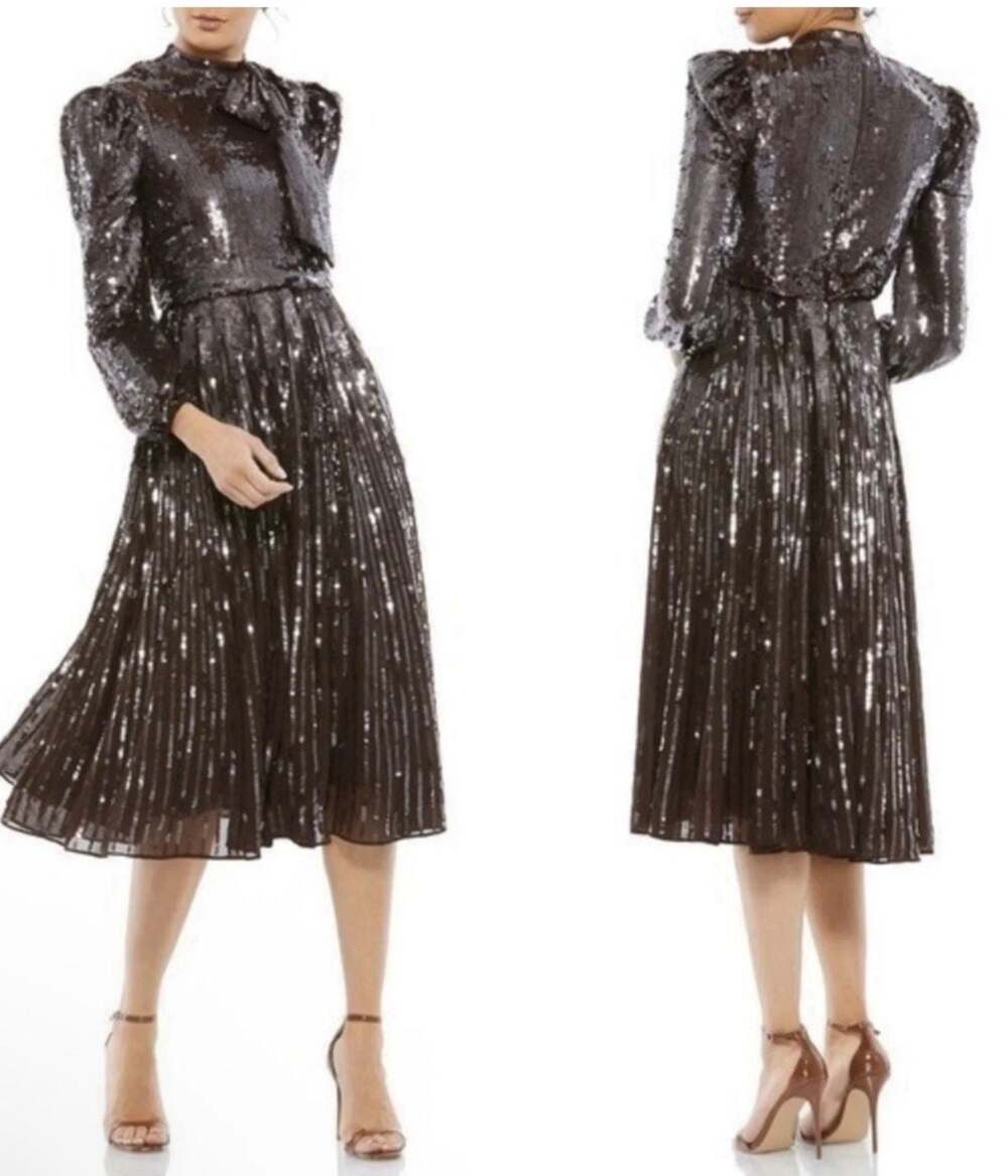Mac Duggal Long Sleeve Sequin Tea Length Dress Dark Chocolate 93642 Size 4